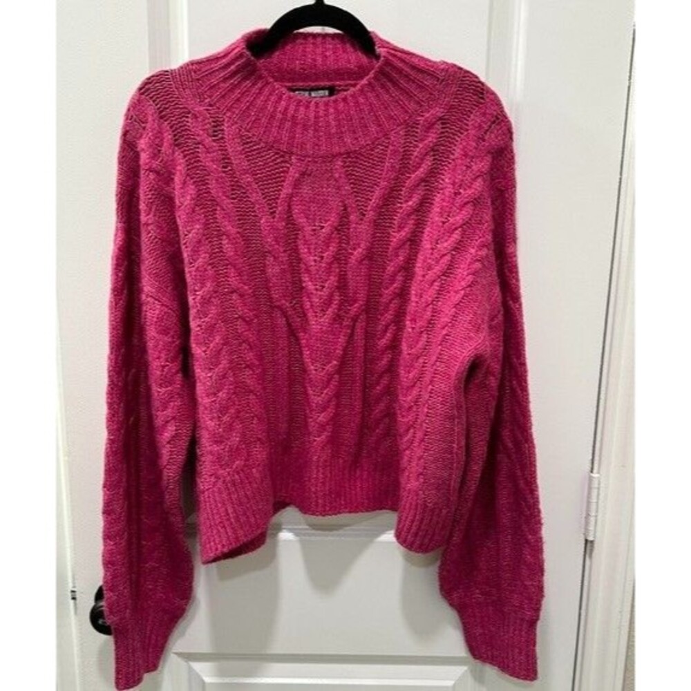 Steve Madden Womens Marcie Sweater Fuschia Cable Knit Mock Neck Pullover Size XL